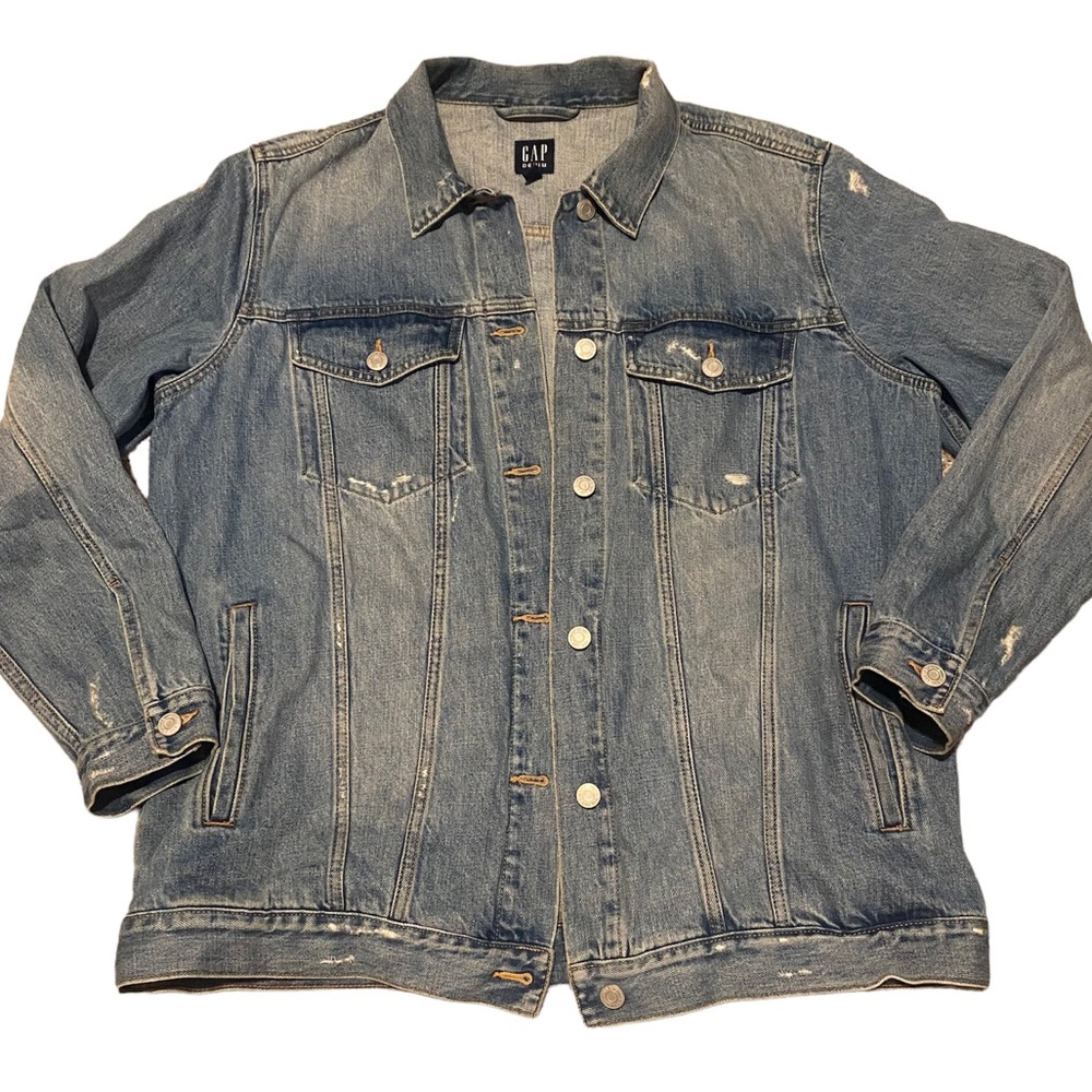 Gap Distressed Denim Jacket/ Medium Wash Denim/ Size Large